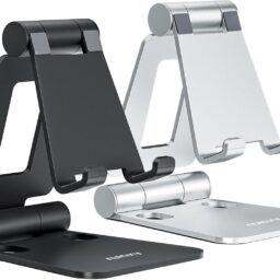 Nulaxy 2 Pack Aluminum Dual Folding Cell Phone Stand for Desk, Black&Silver | Height Angle Adjustable, Portable Phone Holder Fits 18mm Thick Case, Anti-Slip Base, Smartphone Desktop Essential Accessory