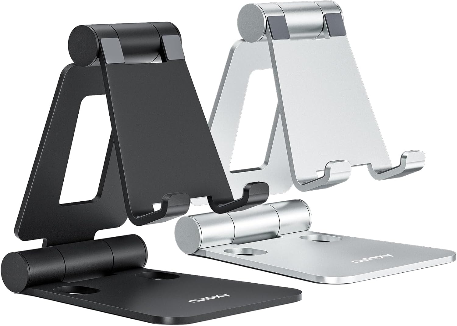 Nulaxy 2 Pack Aluminum Dual Folding Cell Phone Stand for Desk, Black&Silver | Height Angle Adjustable, Portable Phone Holder Fits 18mm Thick Case, Anti-Slip Base, Smartphone Desktop Essential Accessory