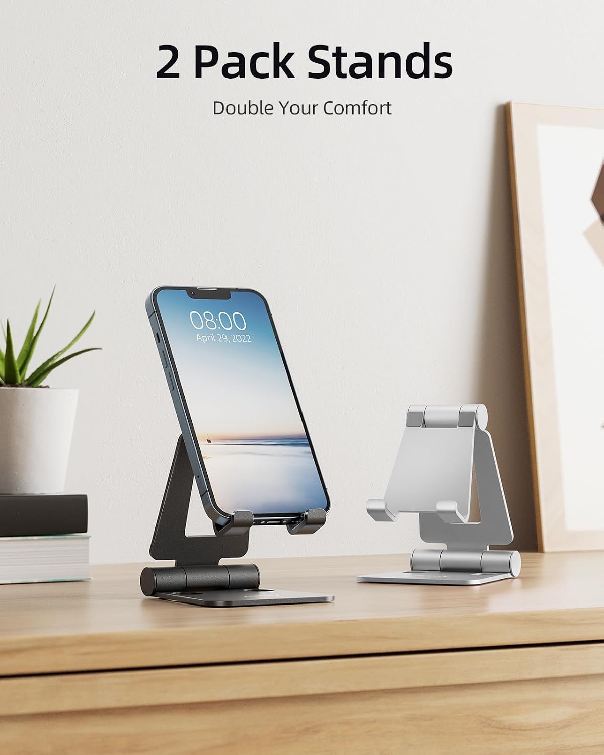 Nulaxy 2 Pack Aluminum Dual Folding Cell Phone Stand for Desk, Black&Silver | Height Angle Adjustable, Portable Phone Holder Fits 18mm Thick Case, Anti-Slip Base, Smartphone Desktop Essential Accessory - Image 2