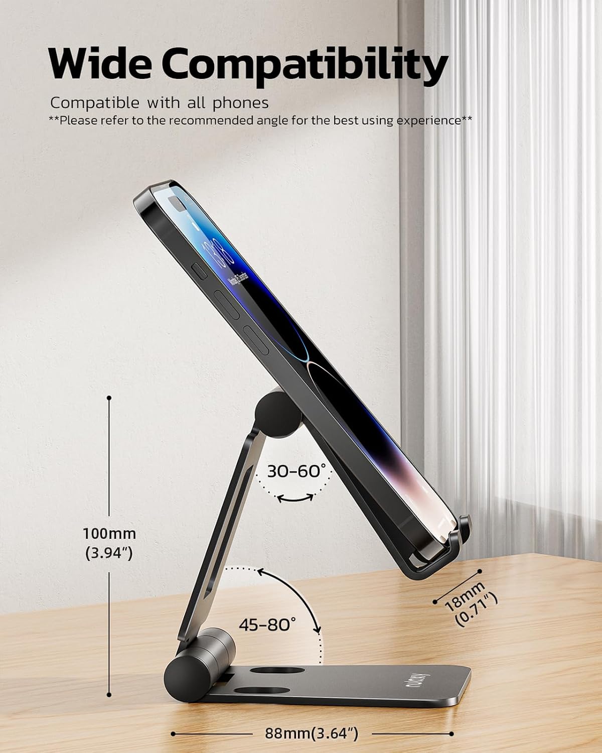 Nulaxy 2 Pack Aluminum Dual Folding Cell Phone Stand for Desk, Black&Silver | Height Angle Adjustable, Portable Phone Holder Fits 18mm Thick Case, Anti-Slip Base, Smartphone Desktop Essential Accessory - Image 3