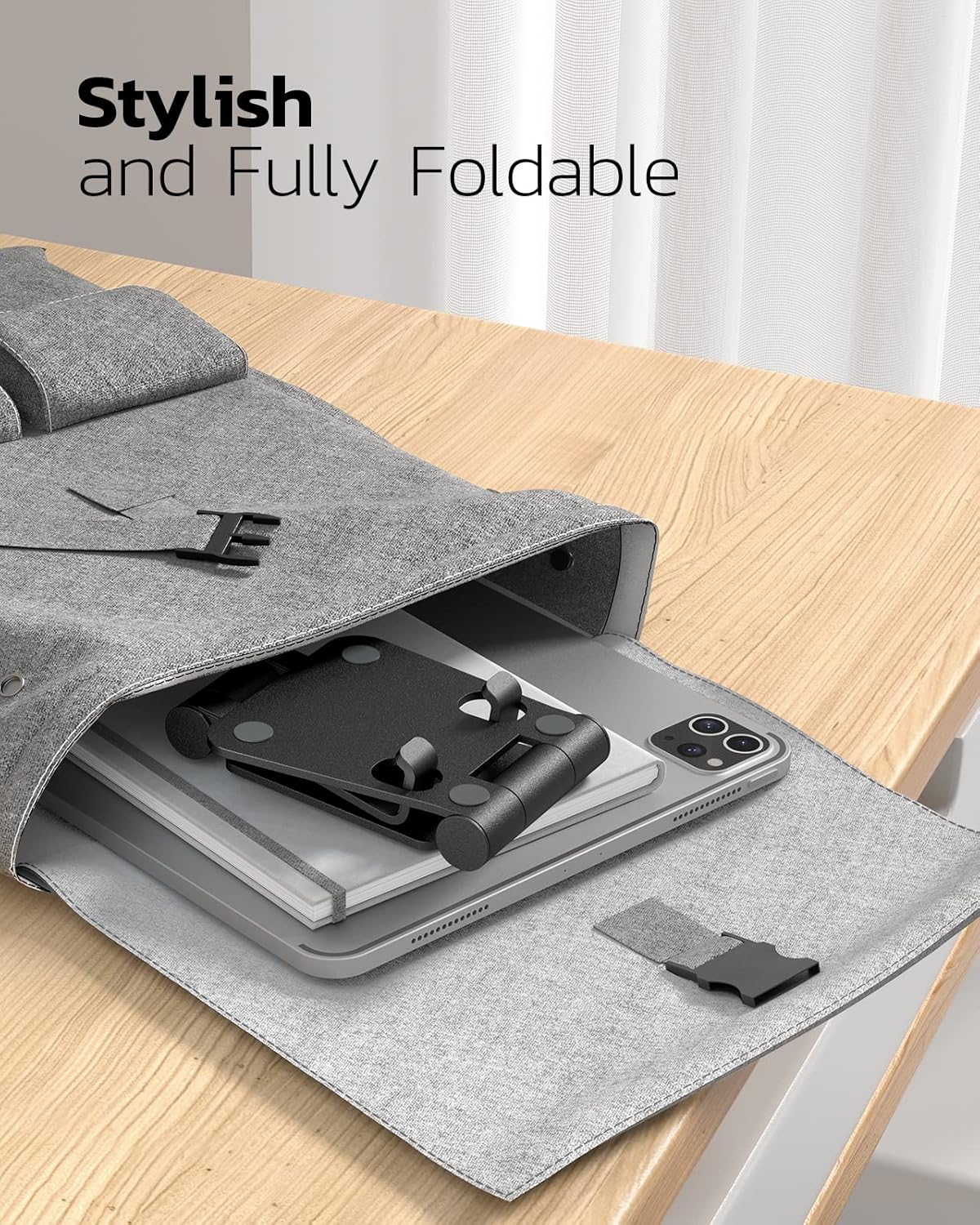 Nulaxy 2 Pack Aluminum Dual Folding Cell Phone Stand for Desk, Black&Silver | Height Angle Adjustable, Portable Phone Holder Fits 18mm Thick Case, Anti-Slip Base, Smartphone Desktop Essential Accessory - Image 5