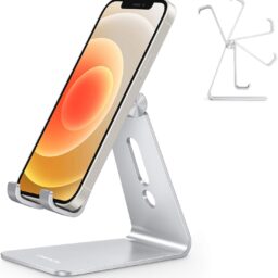 OMOTON C2 Adjustable Aluminum Cell Phone Stand with Charging Cutout, Silver | Sturdy 3mm Base with Non-Slip Silicone Pads, Multi-Angle, Works with 19mm Thick Cases Smartphones, Desktop Recording Facetime