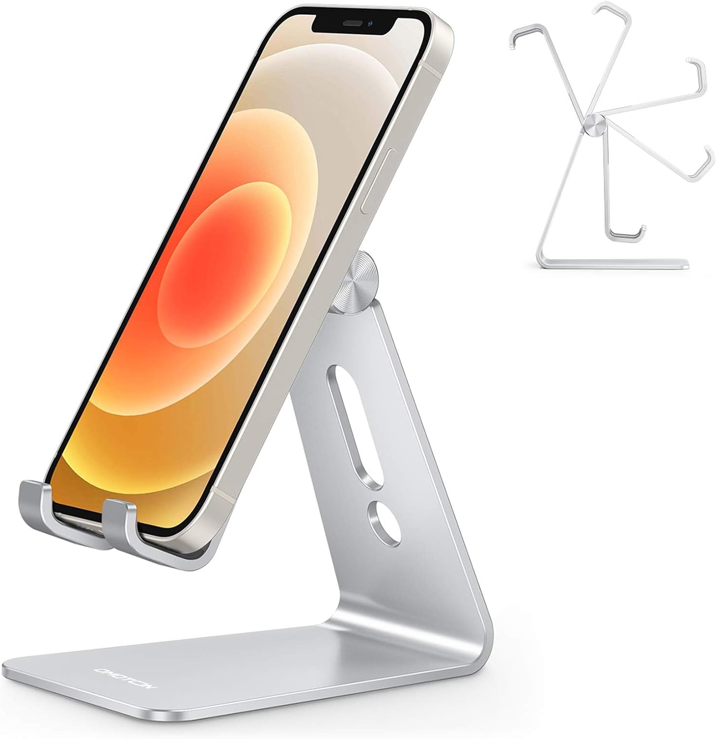 OMOTON C2 Adjustable Aluminum Cell Phone Stand with Charging Cutout, Silver | Sturdy 3mm Base with Non-Slip Silicone Pads, Multi-Angle, Works with 19mm Thick Cases Smartphones, Desktop Recording Facetime