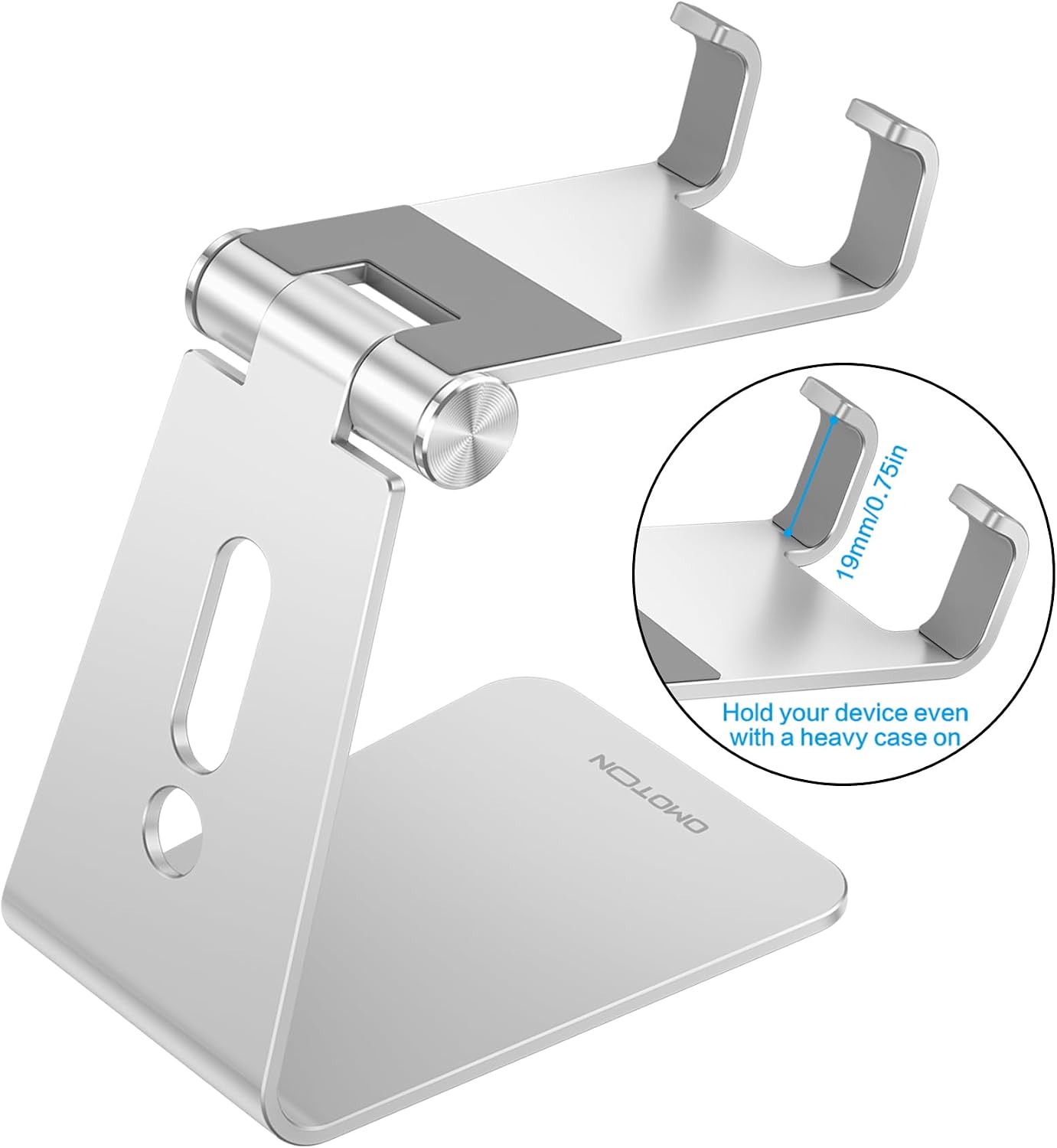 OMOTON C2 Adjustable Aluminum Cell Phone Stand with Charging Cutout, Silver | Sturdy 3mm Base with Non-Slip Silicone Pads, Multi-Angle, Works with 19mm Thick Cases Smartphones, Desktop Recording Facetime - Image 2