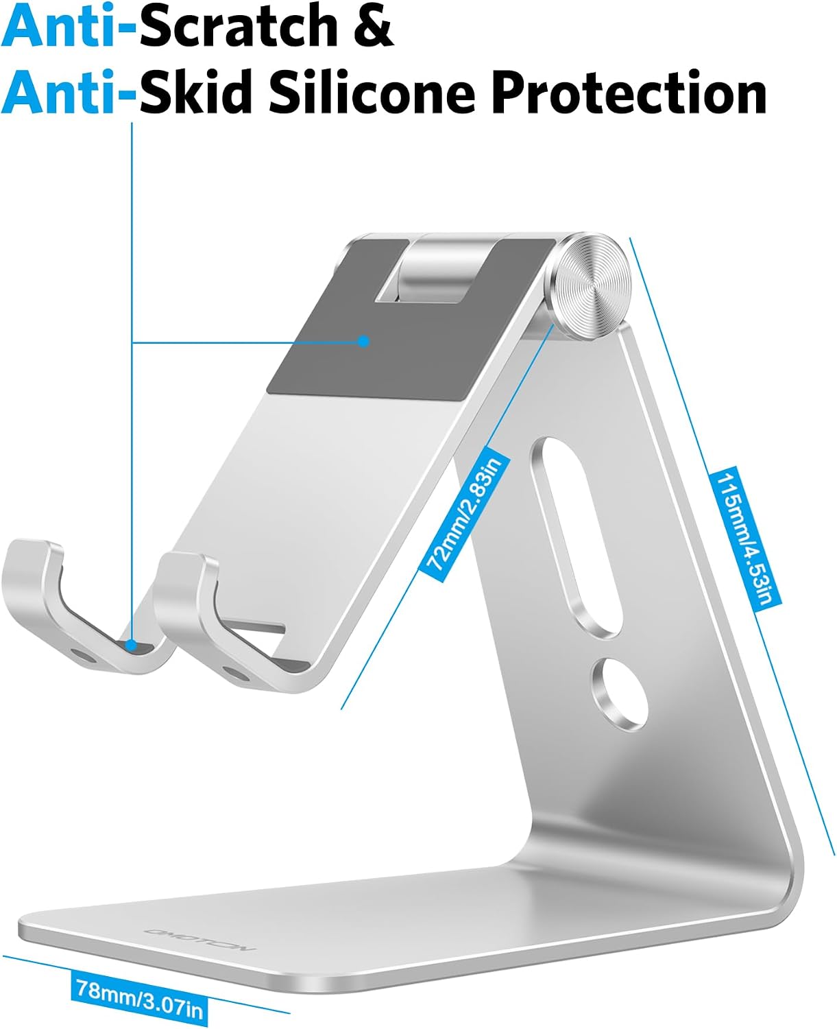 OMOTON C2 Adjustable Aluminum Cell Phone Stand with Charging Cutout, Silver | Sturdy 3mm Base with Non-Slip Silicone Pads, Multi-Angle, Works with 19mm Thick Cases Smartphones, Desktop Recording Facetime - Image 3