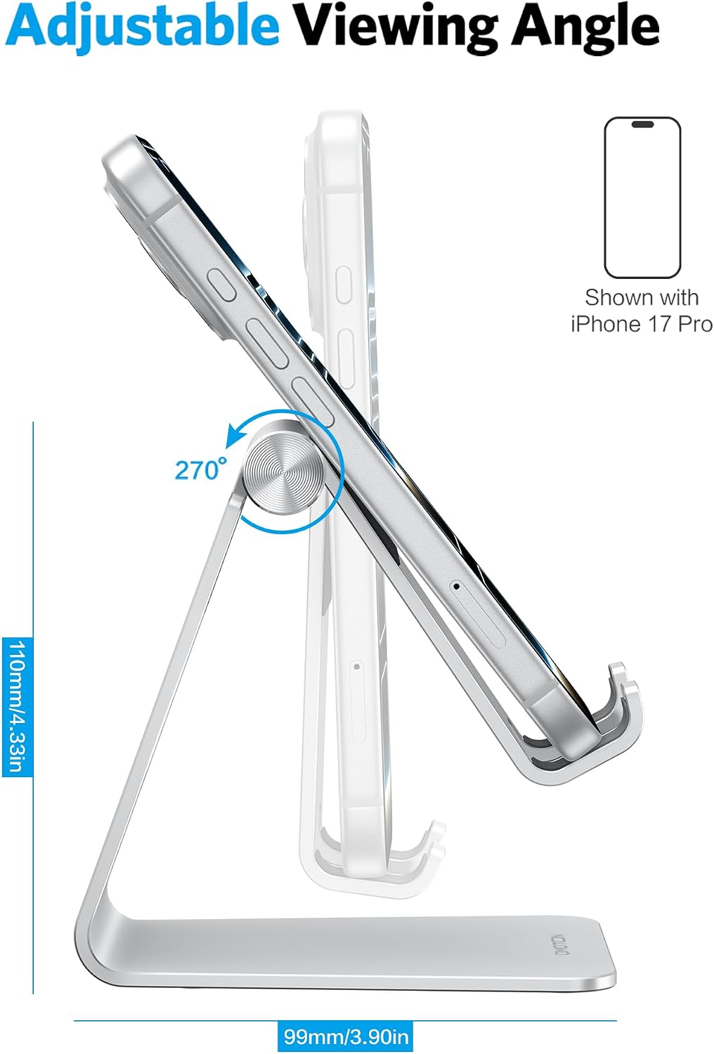 OMOTON C2 Adjustable Aluminum Cell Phone Stand with Charging Cutout, Silver | Sturdy 3mm Base with Non-Slip Silicone Pads, Multi-Angle, Works with 19mm Thick Cases Smartphones, Desktop Recording Facetime - Image 4