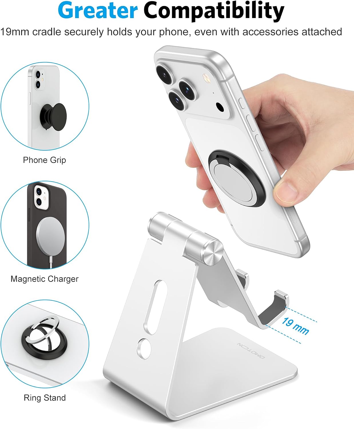 OMOTON C2 Adjustable Aluminum Cell Phone Stand with Charging Cutout, Silver | Sturdy 3mm Base with Non-Slip Silicone Pads, Multi-Angle, Works with 19mm Thick Cases Smartphones, Desktop Recording Facetime - Image 5