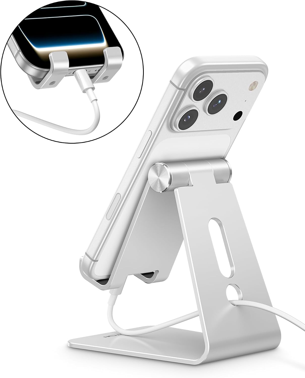 OMOTON C2 Adjustable Aluminum Cell Phone Stand with Charging Cutout, Silver | Sturdy 3mm Base with Non-Slip Silicone Pads, Multi-Angle, Works with 19mm Thick Cases Smartphones, Desktop Recording Facetime - Image 6