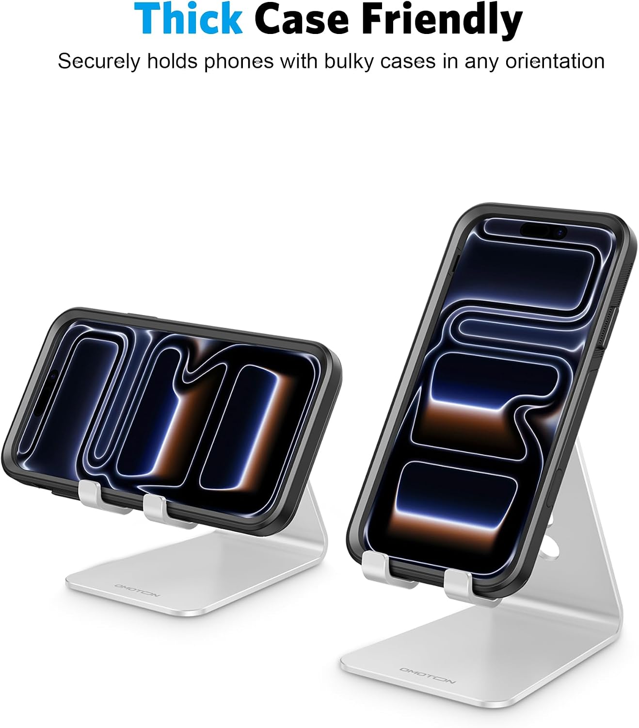 OMOTON C2 Adjustable Aluminum Cell Phone Stand with Charging Cutout, Silver | Sturdy 3mm Base with Non-Slip Silicone Pads, Multi-Angle, Works with 19mm Thick Cases Smartphones, Desktop Recording Facetime - Image 8