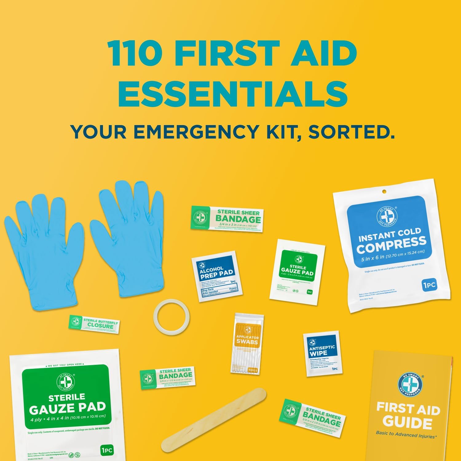 Be Smart Get Prepared 110 pc First Aid Kit: Clean, Treat, Protect Minor Cuts, Home, Office, Car, School, Business, Travel, Emergency, Outdoor, Camping & Sports, FSA/HSA (Packaging may vary) - Image 8