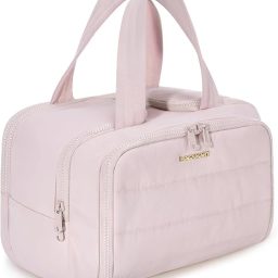 BAGSMART Travel Toiletry Bag, Crush Toiletry Bag for Women, Wide-open Puffy Toiletry Bags for Traveling, Large Travel Cosmetic Makeup Bag Organizer for Accessories,Toiletrie, Pink