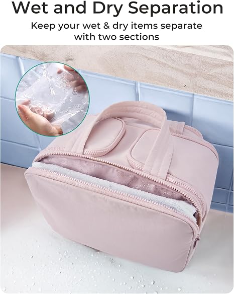 BAGSMART Travel Toiletry Bag, Crush Toiletry Bag for Women, Wide-open Puffy Toiletry Bags for Traveling, Large Travel Cosmetic Makeup Bag Organizer for Accessories,Toiletrie, Pink - Image 2