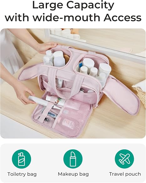 BAGSMART Travel Toiletry Bag, Crush Toiletry Bag for Women, Wide-open Puffy Toiletry Bags for Traveling, Large Travel Cosmetic Makeup Bag Organizer for Accessories,Toiletrie, Pink - Image 4